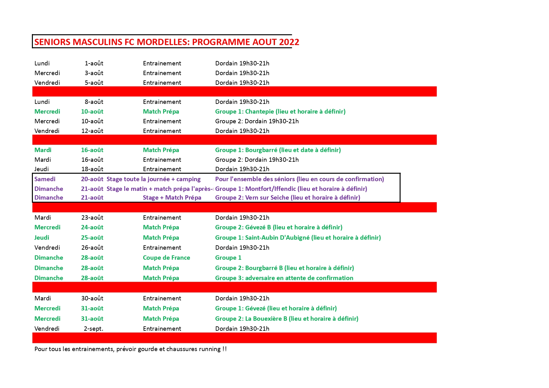 Programme de reprise des seniors du FC Mordelles